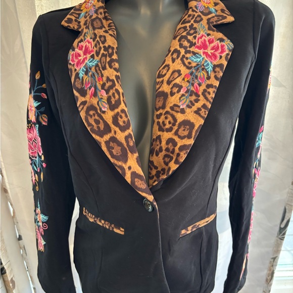 Savanna Jane Jackets & Blazers - Embroidered Black Jacket with Leopard Print and flower Accents